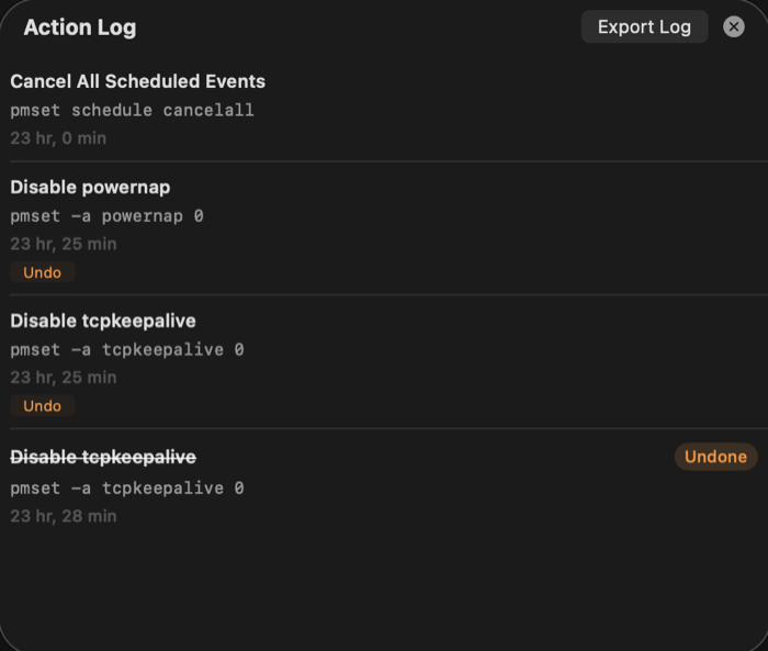 Action log showing pmset commands